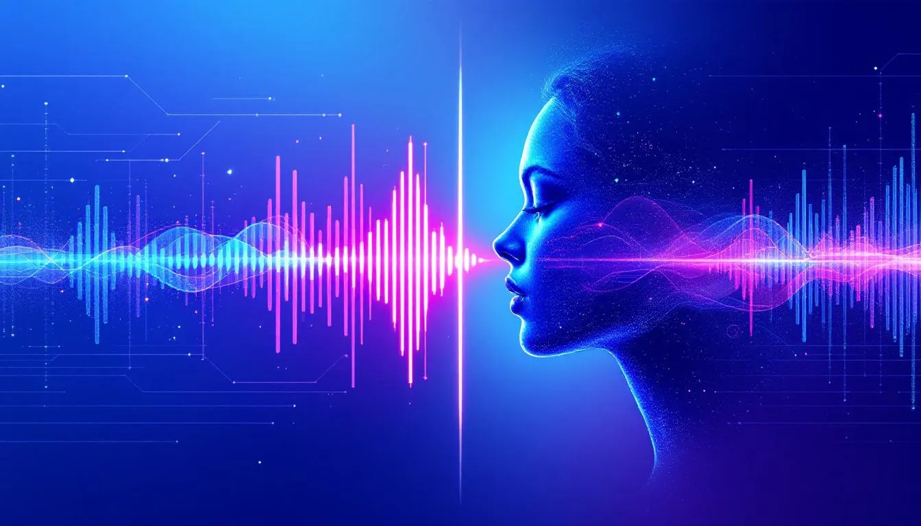 The image depicts a modern digital artwork showcasing the concept of AI vocal removal in music production, featuring a glowing audio waveform that splits into a clean instrumental track and a fading vocal silhouette. The design incorporates futuristic elements with neon blue and purple accents, symbolizing clarity and separation in audio files, perfect for music producers and karaoke enthusiasts alike.