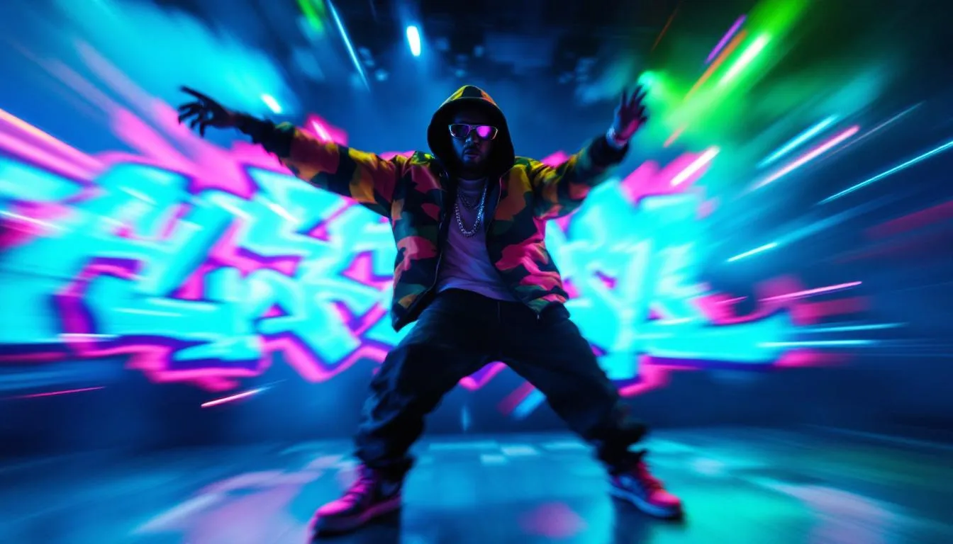 A blurred image of a hip hop artist performing their hit song, reflecting the legacy of Dr. Dre's beats.