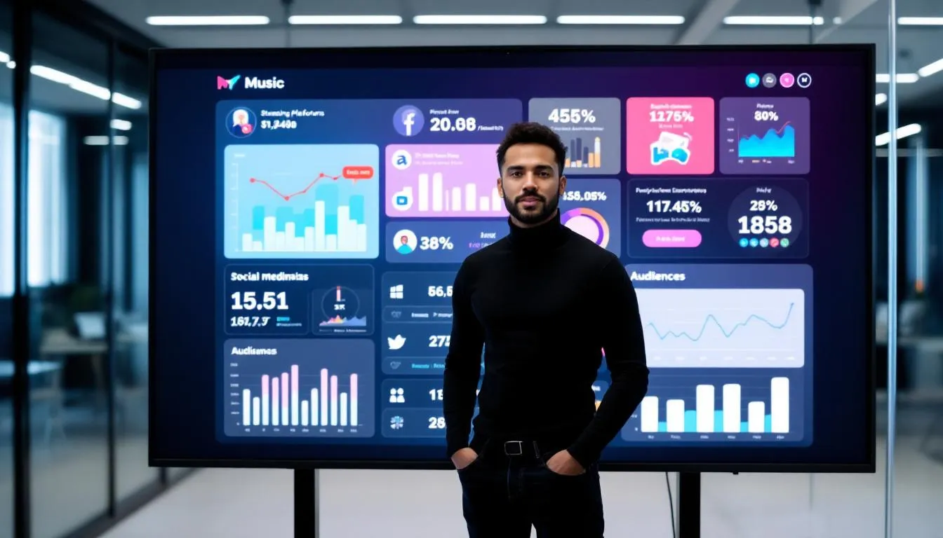 In this image, a diverse group of independent artists is gathered around a table, analyzing charts and graphs that represent their music's reach across various streaming services like Spotify and Apple Music. They are discussing strategies for free music distribution and the importance of understanding hidden costs to maximize their music careers and connect with fans worldwide.