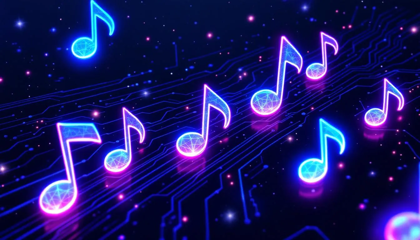 An abstract representation of music notes and symbols, showcasing an AI music generator concept. The image features vibrant colors and dynamic shapes, symbolizing the music creation process and the empowerment of creators in composing original music.
