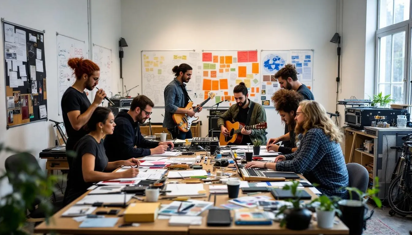 In a vibrant music studio, a diverse group of musicians and music producers collaborate, passionately engaged in the music creation process, experimenting with catchy tunes and captivating melodies to create original music. The atmosphere is filled with the sounds of instruments and vocals as they work together to compose music that reflects their creative vision.
