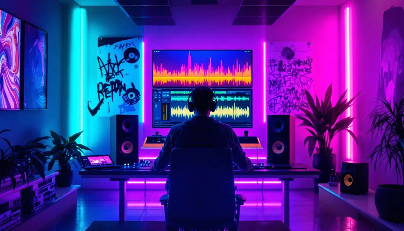 In a futuristic studio, a music producer sits at a glowing digital workstation, surrounded by neon lighting in teal, magenta, and deep purple. The screen displays an audio track visually split into vibrant colored bars for instrumentals, while a semi-transparent figure made of sound waves represents the vocals, creating an innovative atmosphere perfect for showcasing an AI vocal remover tool.