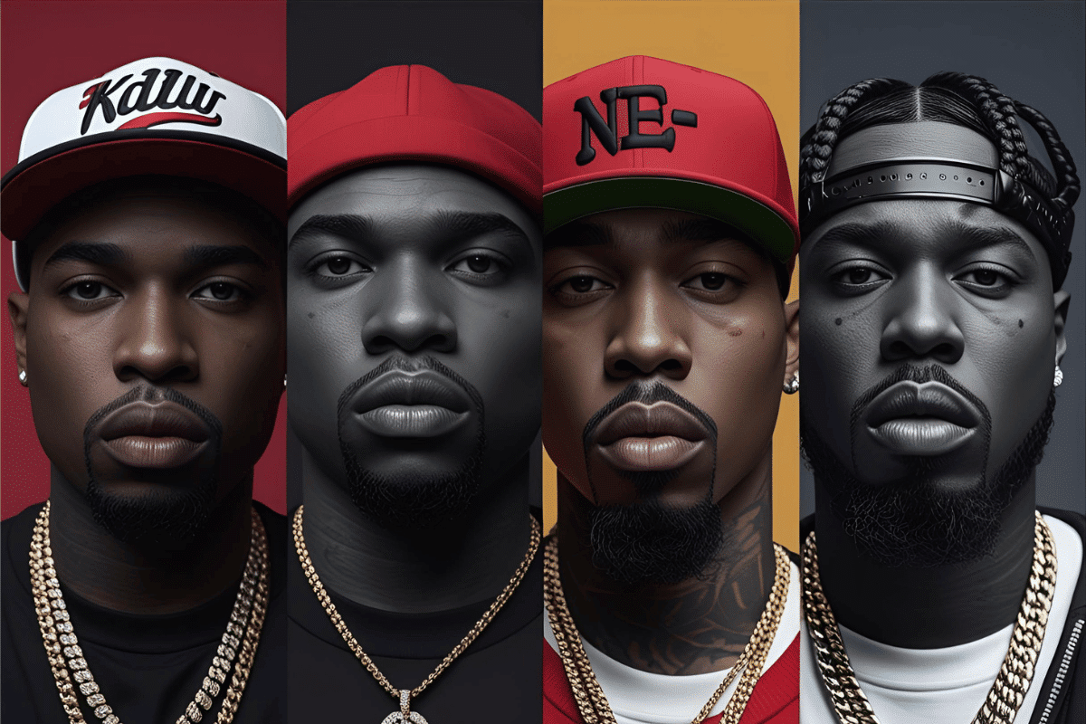 Comparison of good and bad hip-hop branding with font, color, and image examples