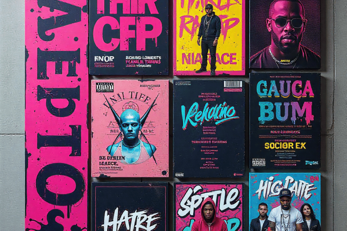 Hip-hop artist brand moodboard showing color palette, typography, and cover art examples