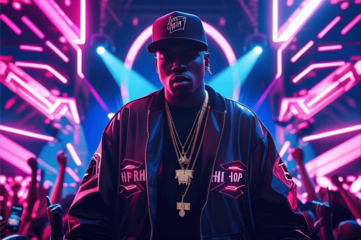 Hip-hop artist on stage with custom LED sign and coordinated crowd lights