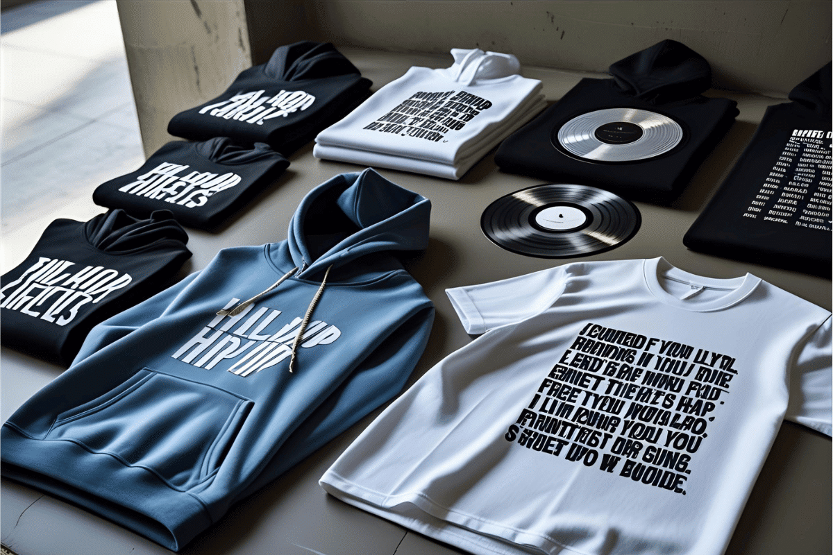 Limited edition hip-hop merch drop including hoodies, vinyl, and lyric-printed T-shirts