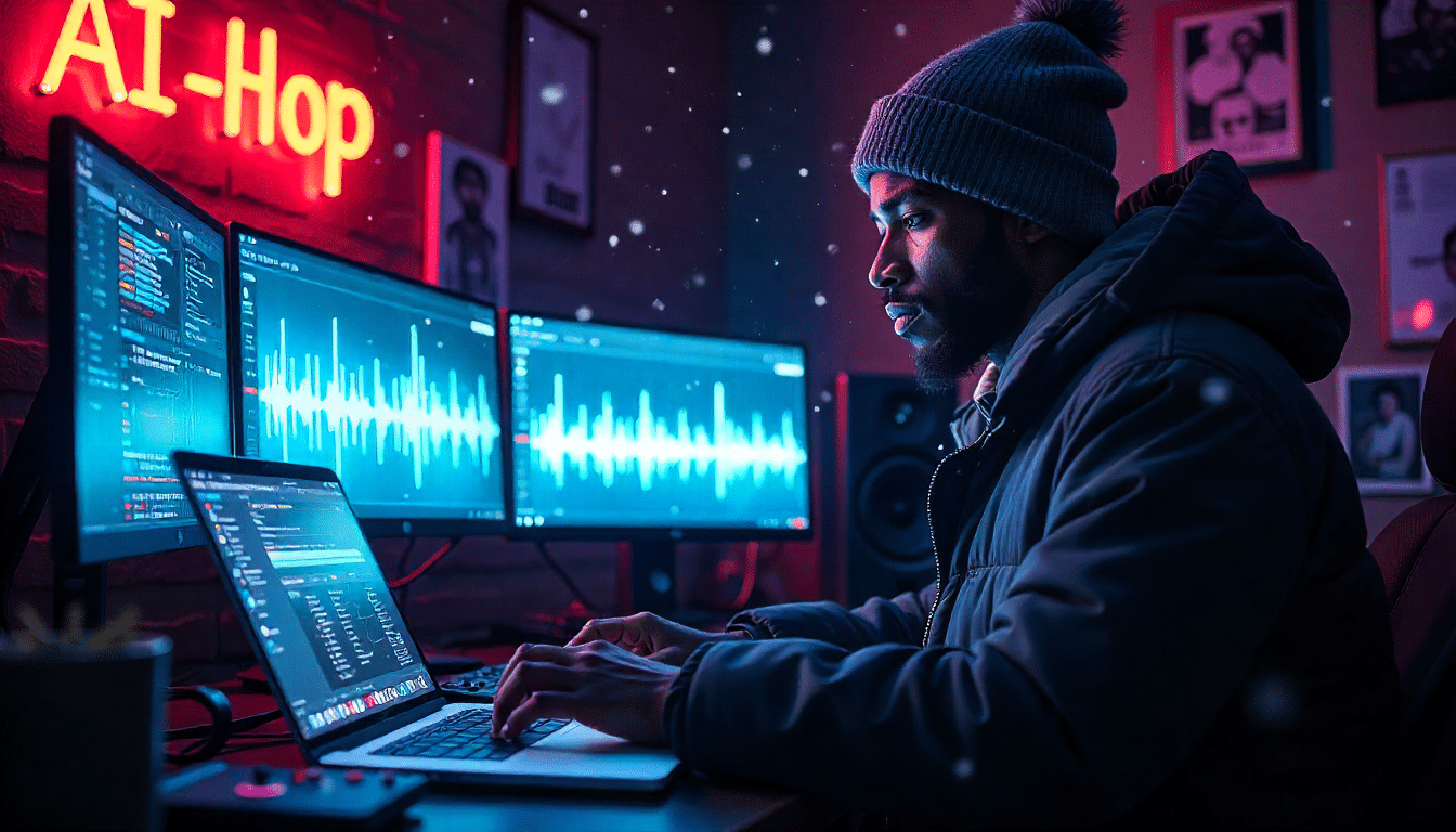Independent rapper in a neon-lit home studio creating AI-generated rap beats on a laptop in 2025.