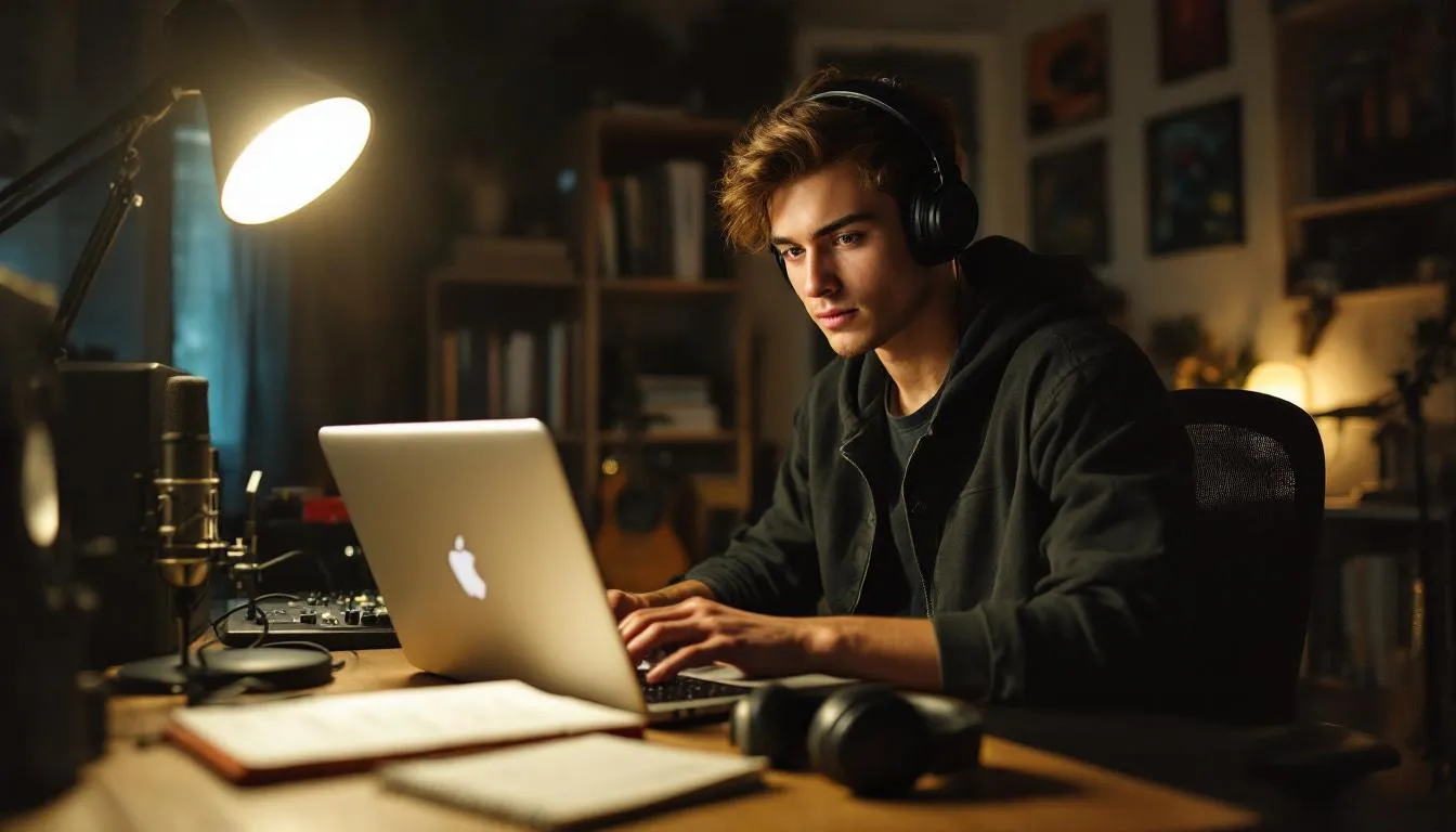 In the image, a music creator is engrossed in the music creation process within a vibrant music studio, surrounded by instruments and equipment, as they compose catchy tunes and experiment with melodies to create the next famous song. The atmosphere is filled with inspiration and creativity, showcasing the art of music production and the joy of generating original music.