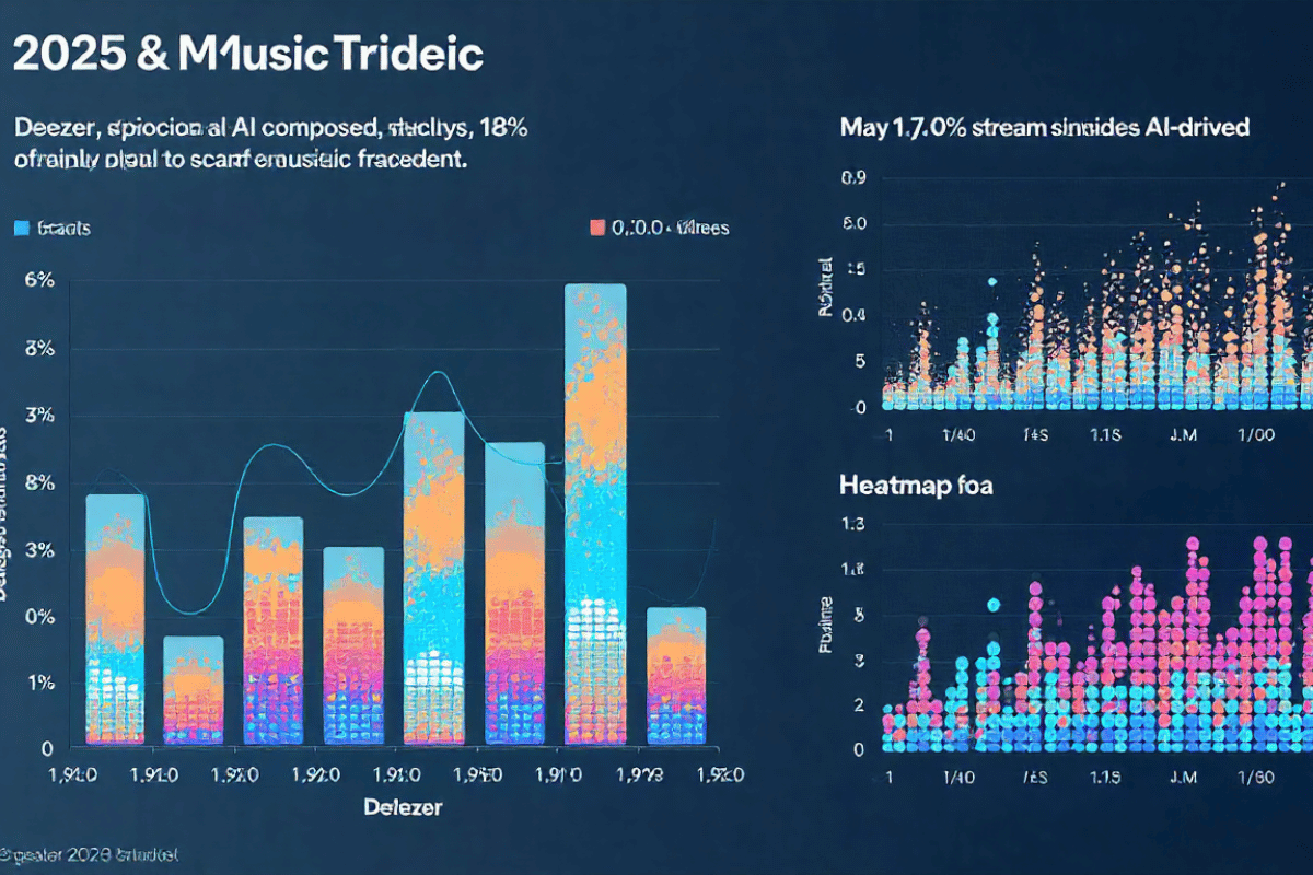 Chart showing Deezer’s 2025 findings: 18% of daily uploads fully AI-generated; ~0.5% of streams; up to 70% of AI streams fraudulent