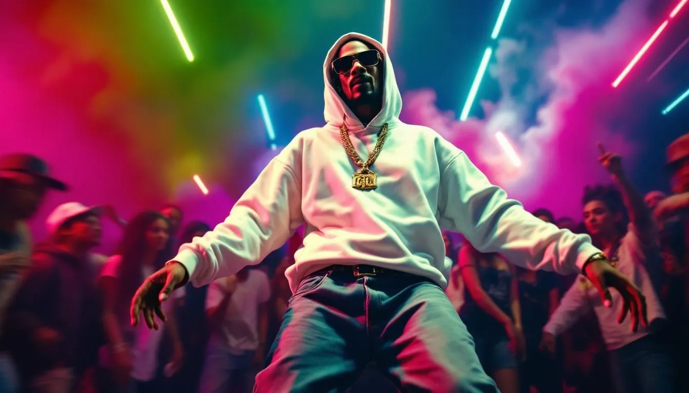 An energetic scene of a hip hop artist performing, embodying the spirit of Snoop Dogg's music.