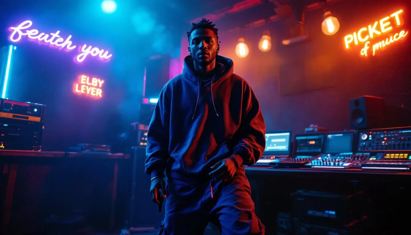 A dynamic image of a hip hop artist in a recording studio, representing the creation of iconic beats like OutKast's.