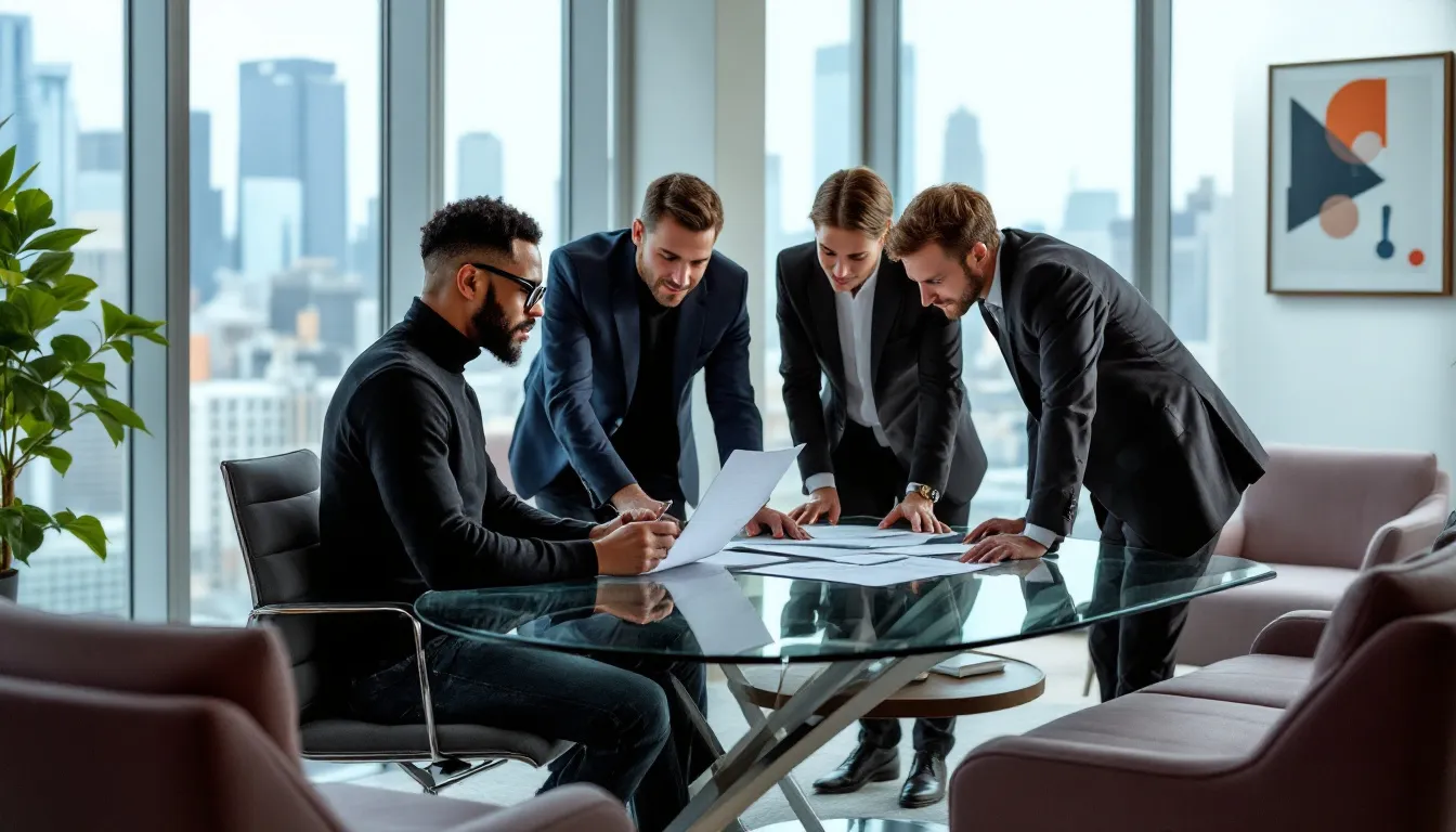 In a modern office setting, an artist and record label executives are intently reviewing contract documents, discussing the terms of a potential record deal that could shape the artist's music career. The atmosphere reflects the music industry’s dynamic nature, emphasizing the importance of informed decisions for aspiring musicians seeking to get signed to a record label.