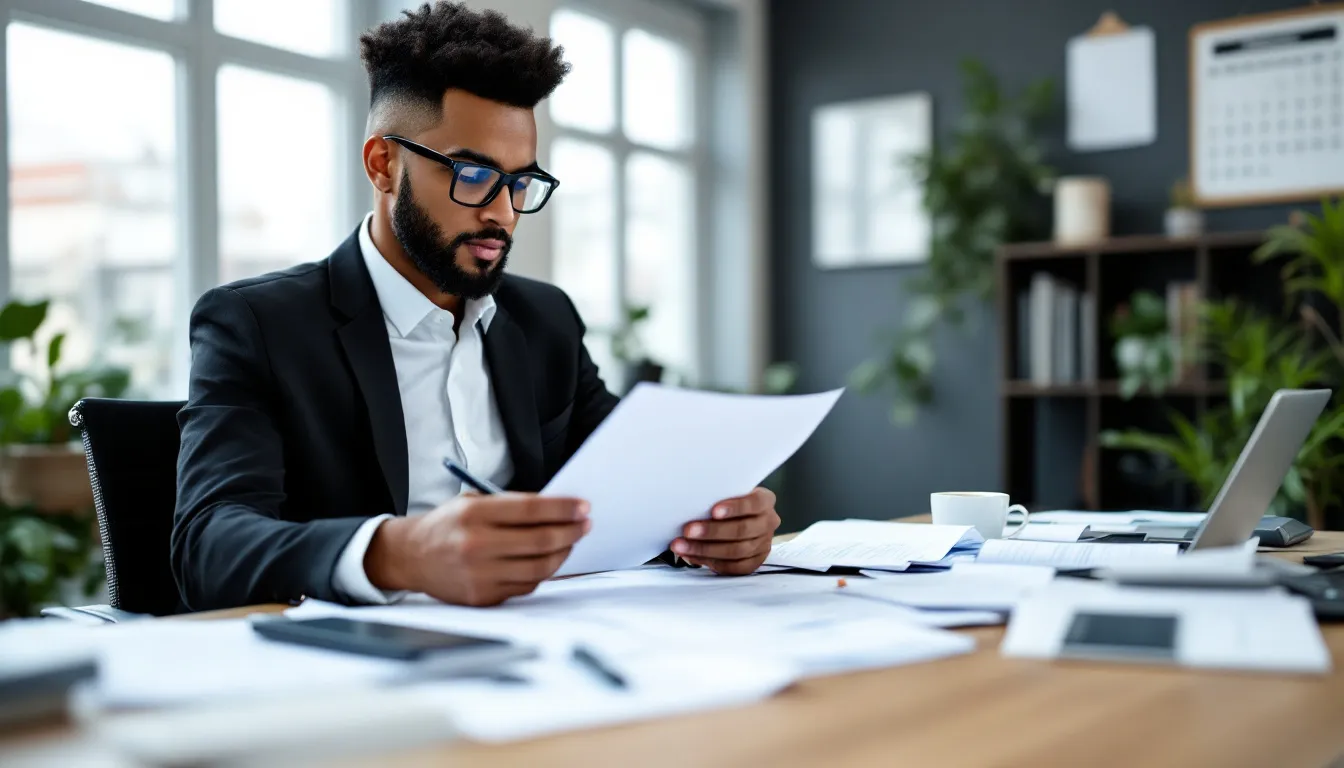 A professional recording artist sits at a desk, meticulously reviewing contracts and paperwork related to their record deal, showcasing the important decisions involved in navigating the music industry and the journey towards getting signed to a record label. The scene emphasizes the artist's focus on understanding the terms that will shape their music career and creative control.