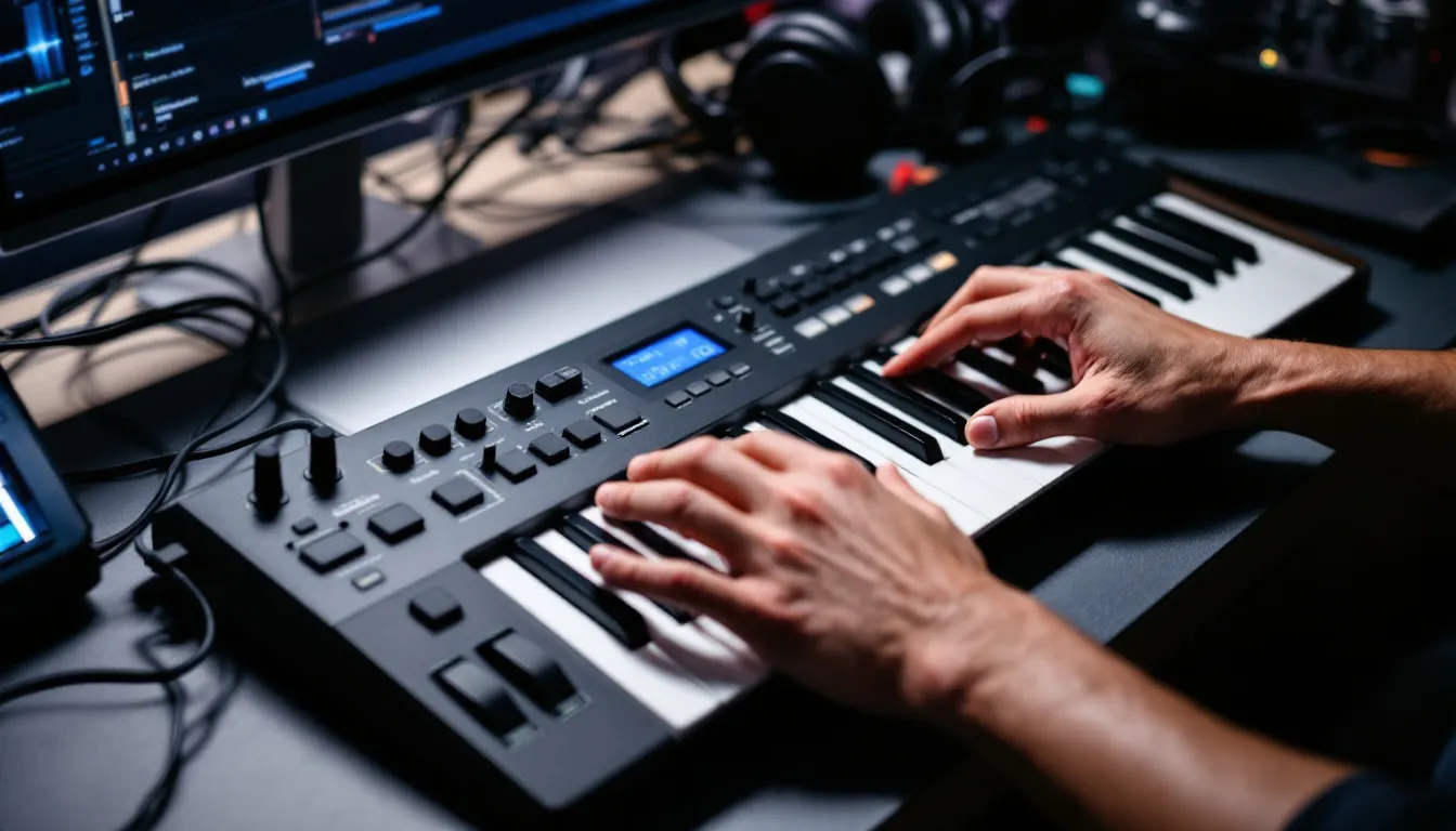 A close-up view of hands skillfully playing a MIDI keyboard controller, which is connected to a computer for music production, highlighting the intricate details of the keys as they create sound for a new song in a studio setting. This image captures the essence of making music, showcasing the tools that help producers explore their creativity.