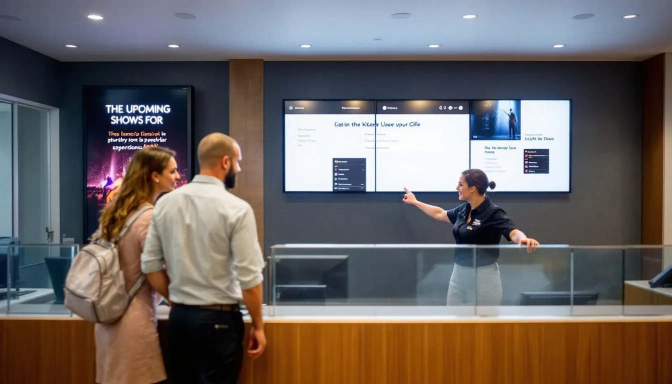The image depicts a modern theater box office featuring digital displays that showcase a user-friendly ticketing interface, while staff members from the customer support team assist patrons in purchasing tickets for upcoming performances. This vibrant scene highlights the engagement of the audience and the importance of ticket sales in the performing arts community.