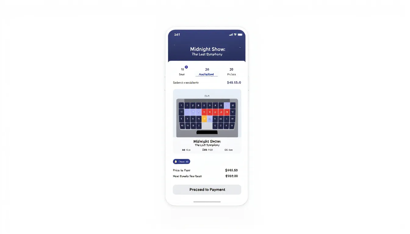 A mobile phone screen displays a theater ticket purchase interface, featuring options for seat selection and pricing for upcoming performances. This user-friendly design aims to enhance audience engagement and streamline ticket sales for various events at arts centers.