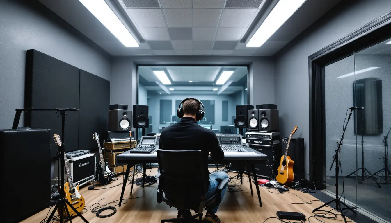 A musician is seen in a professional recording studio, focused on music production as they work on creating a new track. The environment is filled with high-quality recording equipment, reflecting the music industry’s commitment to producing great music for aspiring artists and established musicians alike.