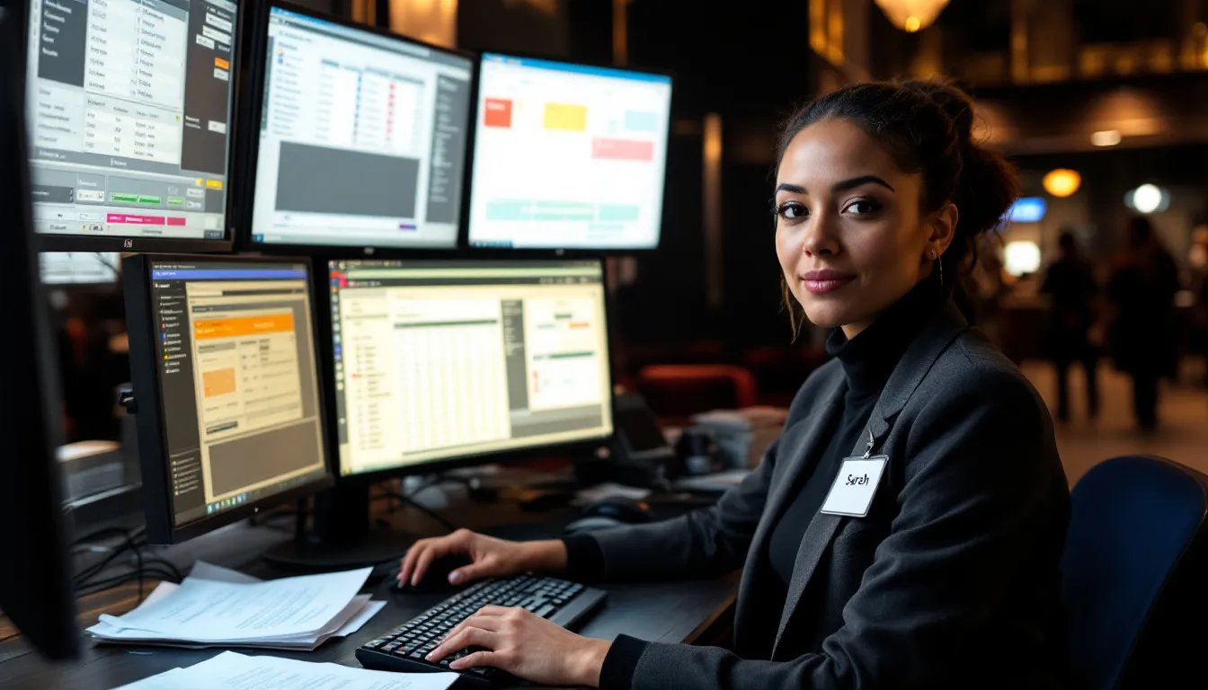 A theater staff member is focused on using ticketing software on a computer setup with multiple screens displaying sales data and patron information, essential for managing ticket sales and audience engagement for upcoming performances and events. This setup aids in streamlining operations and enhancing the overall customer support experience in the performing arts sector.