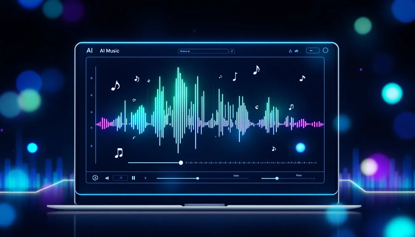 The image displays a computer screen filled with colorful digital audio waveforms and musical elements, illustrating the process of AI music generation. This vibrant visual represents a modern music production studio environment, showcasing tools and features for creating and mixing songs.