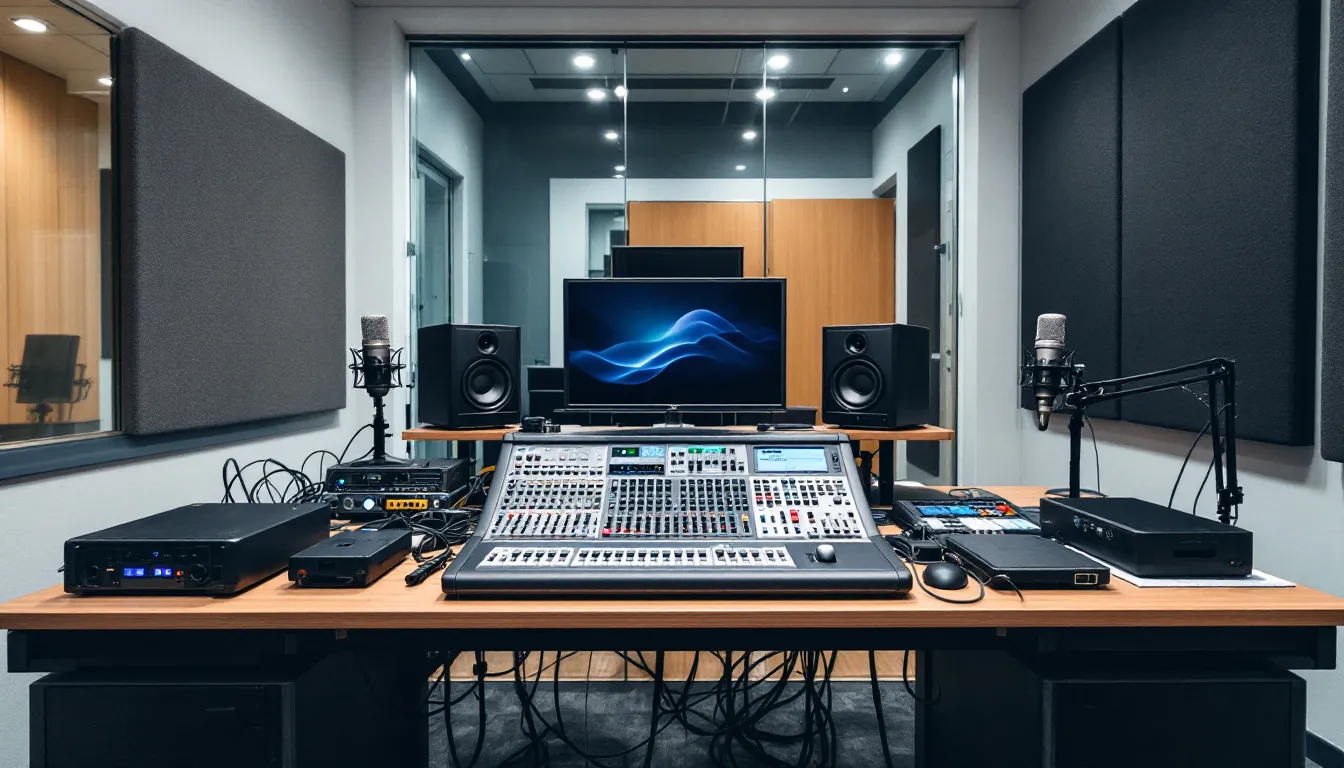 The image depicts a professional mixing board surrounded by various studio equipment in a modern recording facility, highlighting the essential tools for music production used by aspiring artists and musicians. This setup is crucial for creating high-quality music and managing multiple artists, contributing to their success in the music industry.