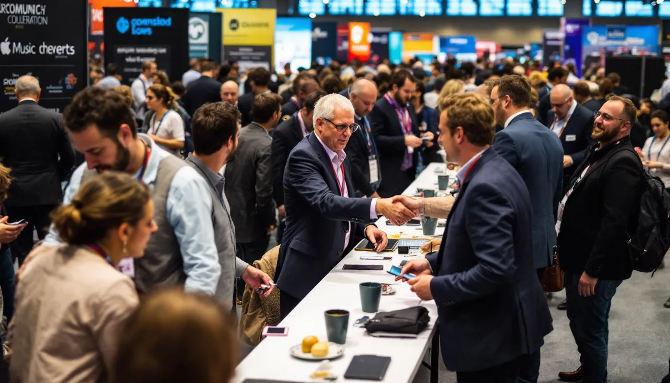 The image depicts a bustling music industry conference where many aspiring musicians and industry pros are actively networking, exchanging business cards, and discussing potential record deals. The atmosphere is vibrant, filled with conversations about creating music and the journey of getting signed to a record label.