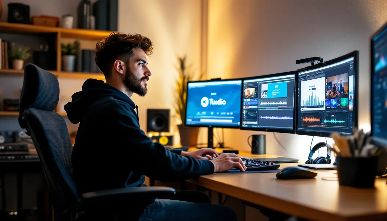 A music producer is sitting at a desk surrounded by multiple monitors displaying digital audio workstation (DAW) software and tutorial videos, focused on learning how to create and mix songs using various audio tools and samples. The workspace is filled with professional-grade equipment, reflecting a commitment to mastering music production techniques.
