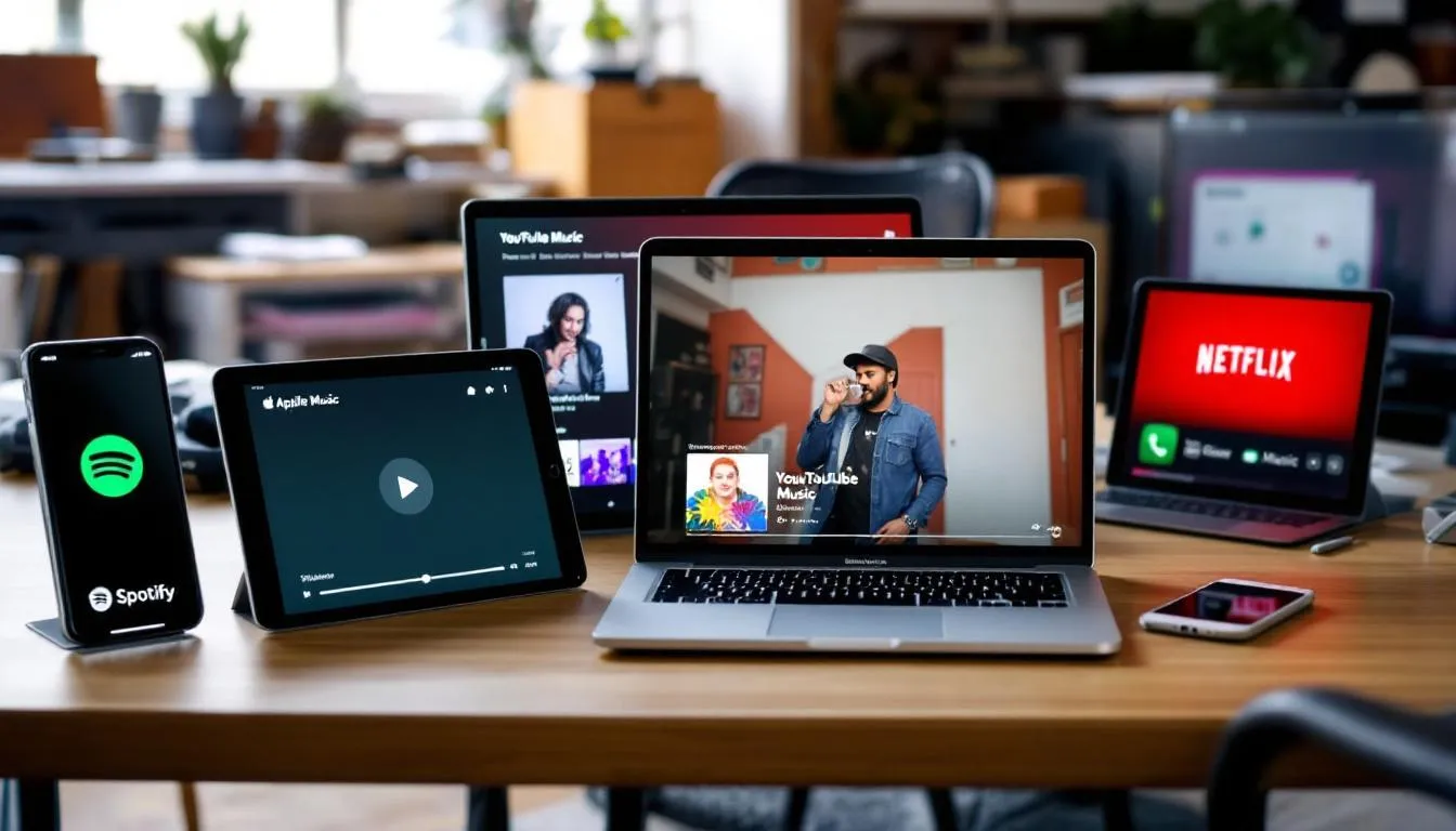 The image displays multiple streaming platform interfaces, such as Spotify and Apple Music, shown on various devices like smartphones and tablets, all featuring the same song. This illustrates the concept of music distribution across digital platforms, highlighting how independent artists can reach a global audience through major streaming services.