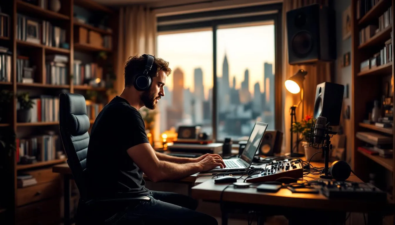 An independent musician is seen working in a home studio, surrounded by a computer and various audio equipment, focused on music production and the digital distribution process. This setup allows them to create and release cover songs while utilizing music distributors like CD Baby and TuneCore to reach major streaming services like Spotify and Apple Music.