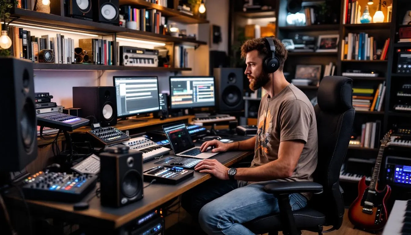 An independent artist is seen working in a cozy home recording studio, surrounded by digital music equipment and software, as they focus on creating and distributing their own music. This intimate setting highlights the artist's dedication to their music career and the use of digital music distribution services to reach a wider audience on major streaming platforms like Spotify and Apple Music.