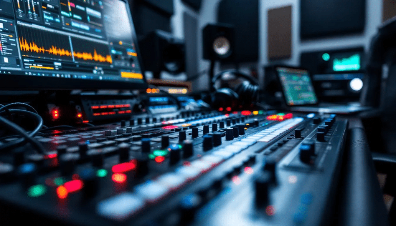 The image depicts a mastering engineer at work, fine-tuning a hip hop track in a professional studio environment. Various audio equipment is visible, showcasing the mastering process aimed at achieving a polished sound and cohesive sound quality for rap vocals and hip hop music.