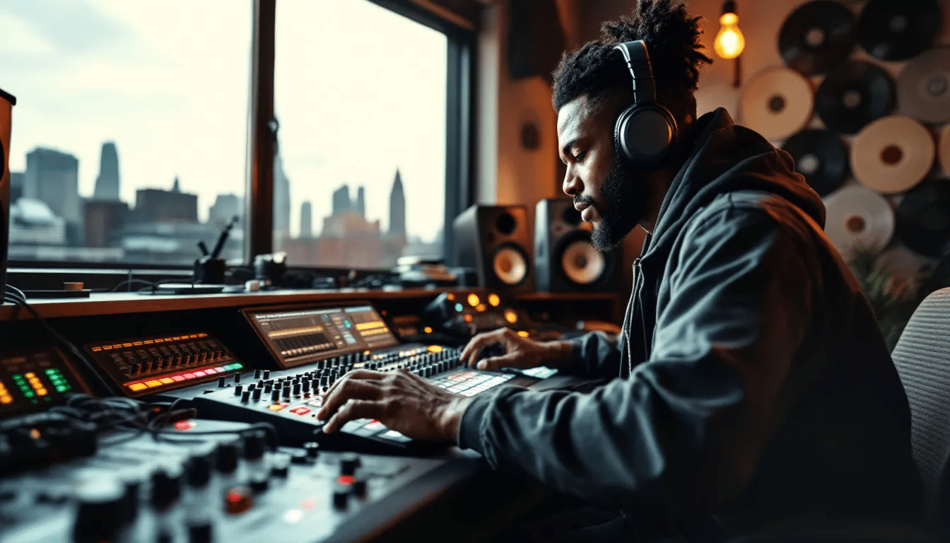 The image depicts a mastering engineer at work, focused on the mastering process for a hip hop track. Various audio equipment is visible, emphasizing the importance of achieving a polished sound and cohesive dynamics in rap vocals for optimal playback across streaming platforms.
