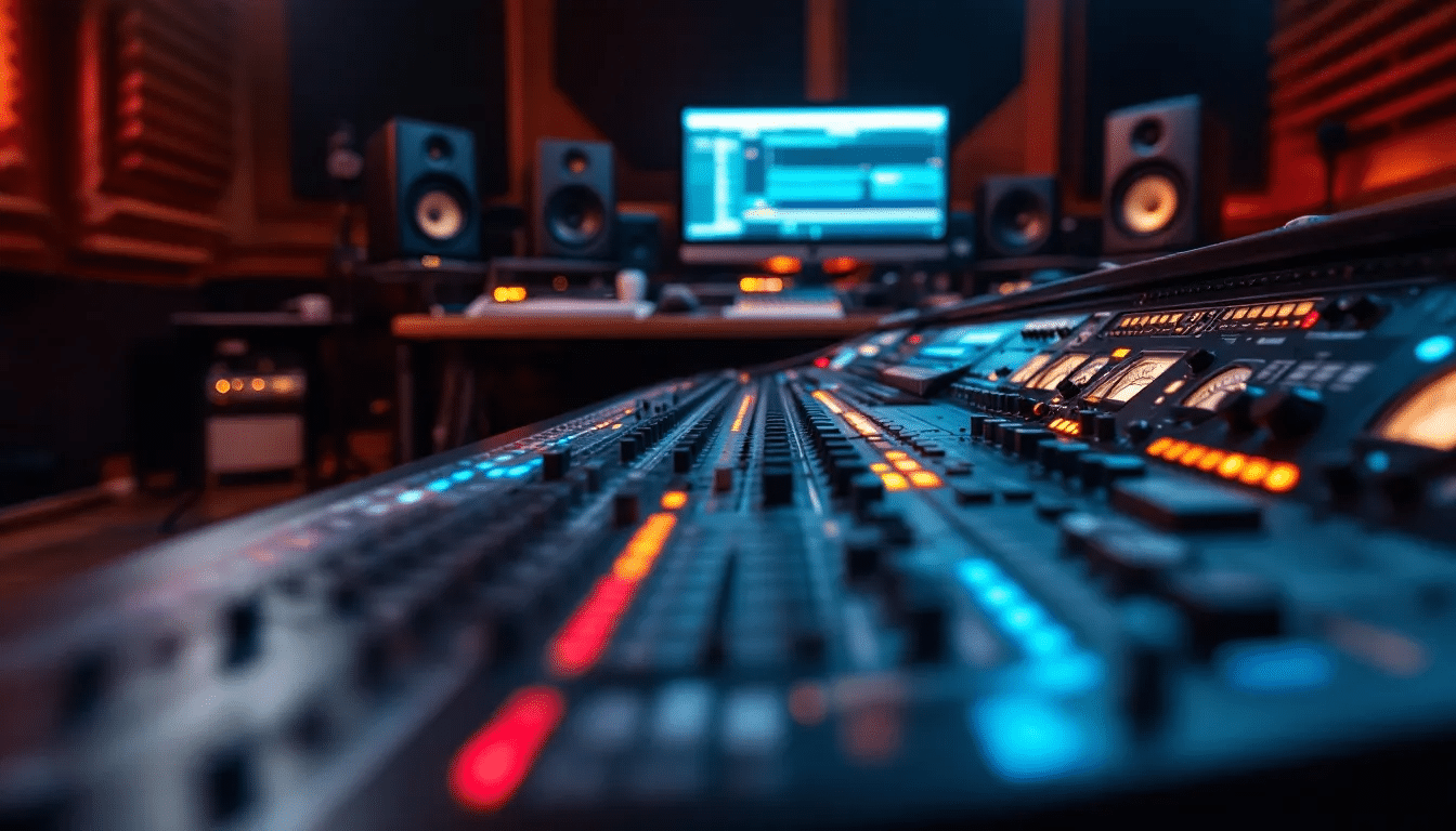 The image depicts a mastering engineer working on hip hop music, surrounded by audio equipment and software, focusing on achieving a polished sound for a rap song. The scene highlights the mastering process, emphasizing the importance of dynamic range and sound quality for professional releases on streaming platforms.