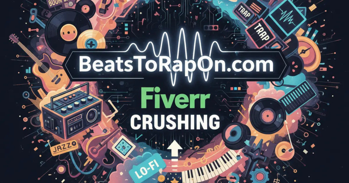 image that visually depicts BeatsToRapOn.com as vastly superior and dominant, with Fiverr appearing to be struggling or overshadowed in comparison