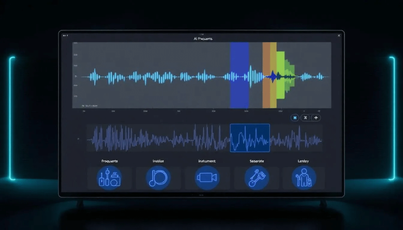 The image depicts an AI-powered audio processing interface featuring a detailed frequency analysis display and options for instrument separation, showcasing tools that allow users to isolate piano tracks and extract vocals from audio files. This advanced technology enhances music production by offering creative possibilities for musicians to manipulate their favorite songs effortlessly.