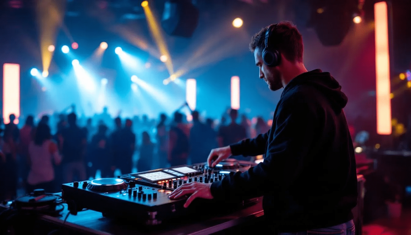 A DJ is performing live, using a stem-enabled controller that displays separate channel controls for individual audio tracks. The setup allows for greater creative control over the music production process, enabling the DJ to manipulate specific elements like vocal and drum stems during the performance.