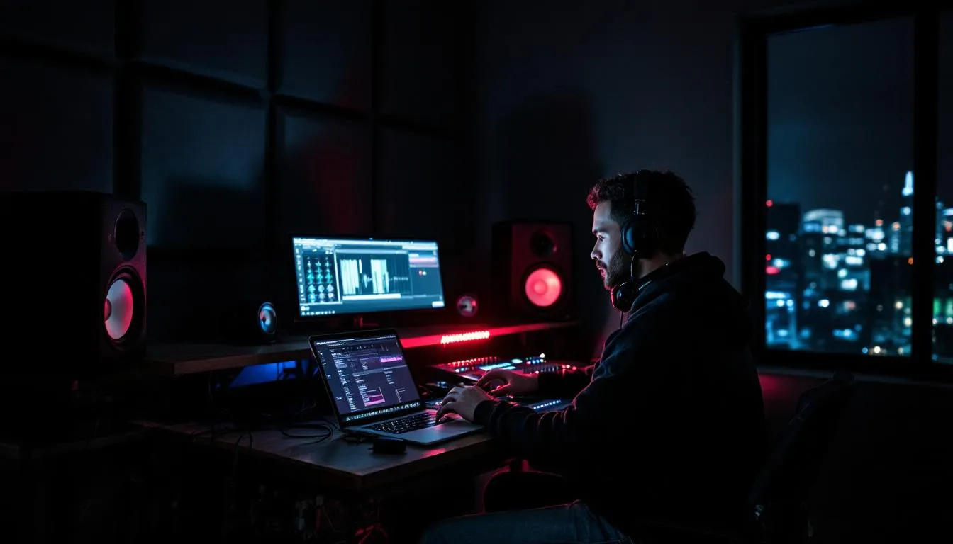 A music producer is immersed in creating an amazing hip-hop beat, surrounded by various instruments like an acoustic guitar and electric guitar. The scene captures the essence of music creation, showcasing advanced features of a stem separation tool for high-quality results in post production.