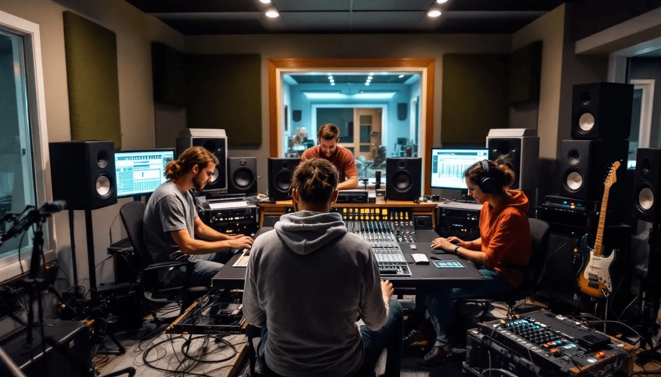 The image shows a group of music producers in a studio working on splitting stems from an audio file, focusing on isolating lead vocals and other vocal elements. They are using advanced AI tools and vocal separation techniques to enhance the quality of their music production.