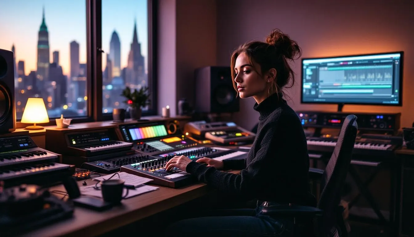 The image shows a user in a music studio, surrounded by various instruments like an acoustic guitar and electric guitar, actively engaged in music creation. They are using a stem separation tool on a computer to isolate individual tracks, enhancing the separation quality of their favorite songs for post-production.