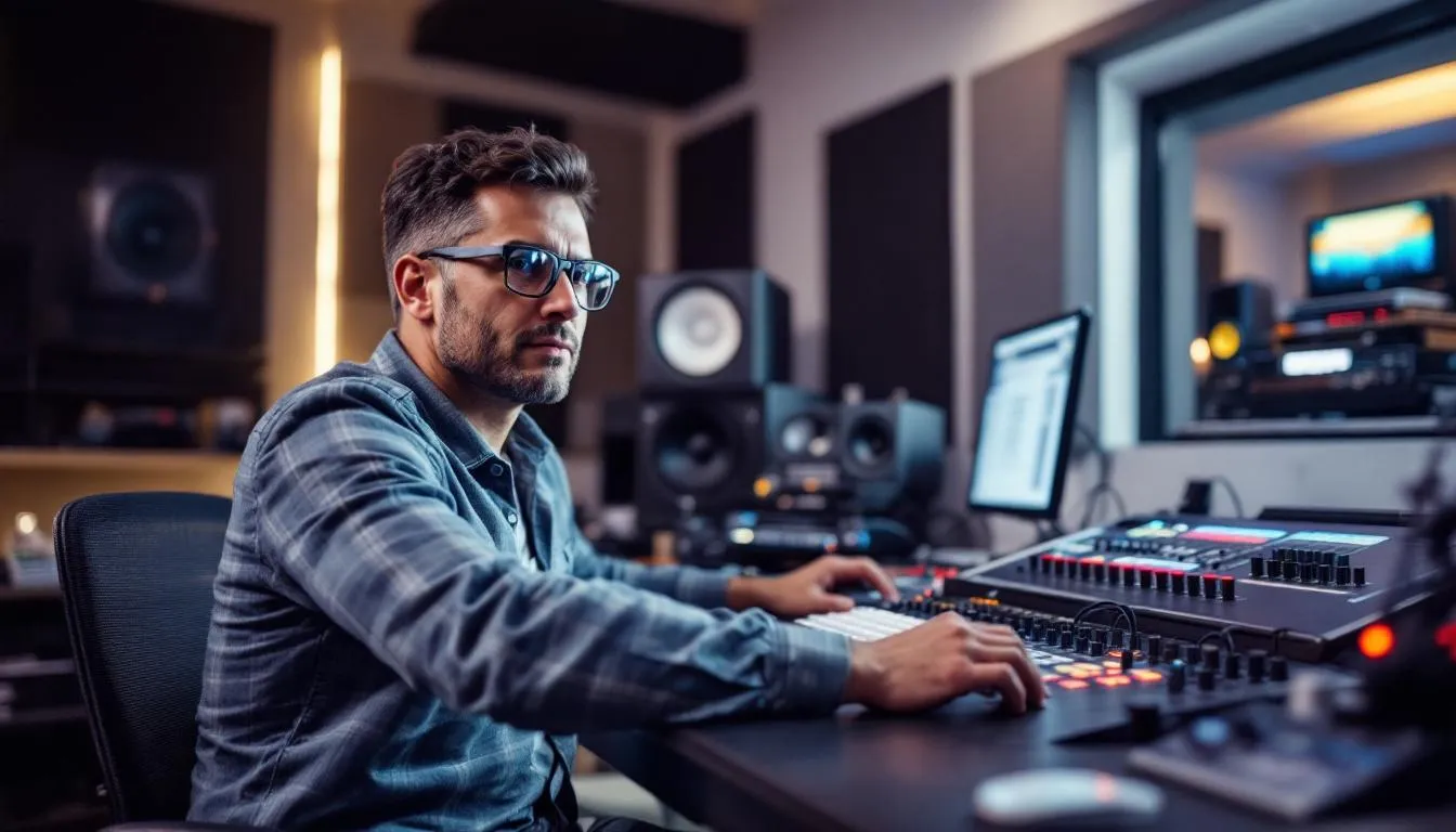 An audio mastering engineer is focused on fine-tuning multiple music production stems within a professional recording studio, utilizing various audio tracks to achieve the final mix. The setup includes a digital audio workstation where individual audio files, such as vocal and drum stems, are manipulated for optimal sound quality and creative control.