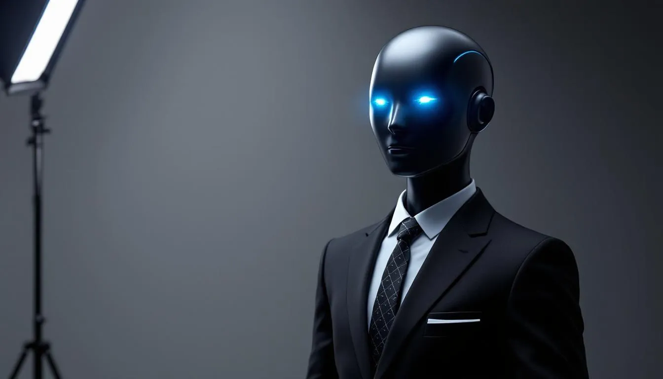 The image features an AI-generated avatar speaking directly to the camera in a professional studio setting, showcasing the capabilities of AI video generation. This scene highlights the potential of creating high-quality videos with minimal effort using advanced AI tools.