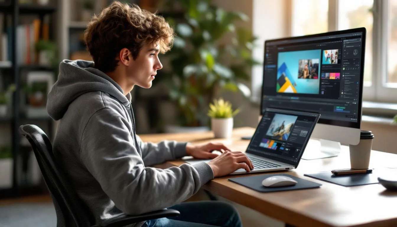 A person is sitting at a desk, focused on their laptop screen as they use an AI video generator to create stunning videos. The software displays various video prompts and visuals, showcasing the capabilities of AI video generation for content creation.