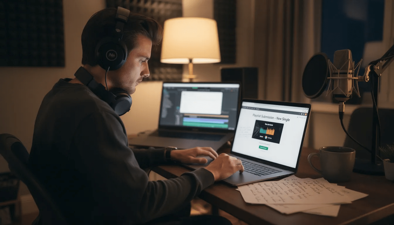 An independent artist is sitting at a laptop, submitting their music to Spotify playlist curators through a music submission platform, aiming to secure placements on popular playlists for better listener engagement. The scene reflects the modern music industry where artists seek to promote their music and reach a broader audience with just a few clicks.