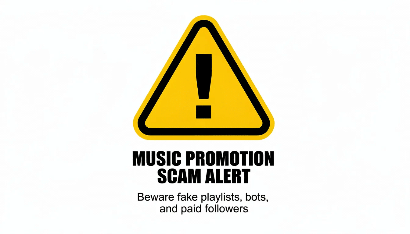 The image features a warning sign alerting viewers to music promotion scams, emphasizing the importance of being cautious when engaging with services that claim to boost Spotify plays or secure playlist placements. It serves as a reminder for independent artists and music industry professionals to verify the legitimacy of playlist promotion platforms and avoid relying solely on untrustworthy sources.