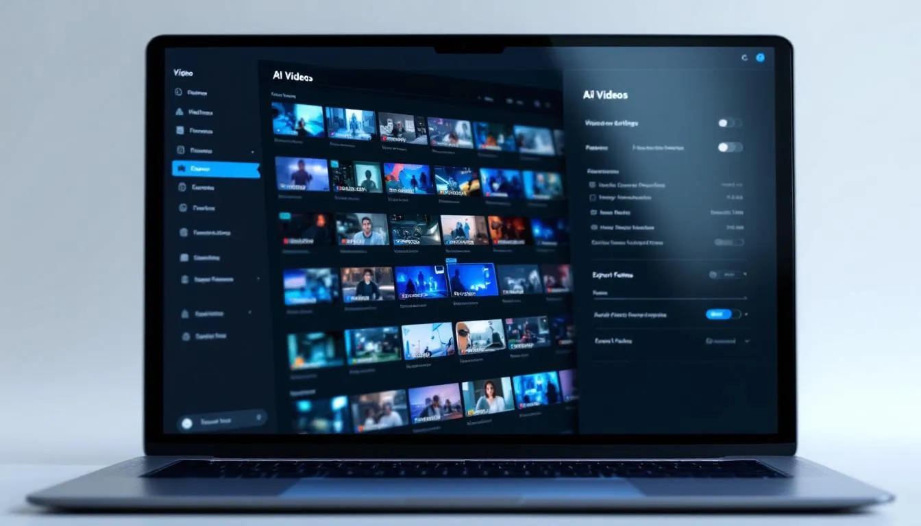 The image displays a computer screen showcasing an AI video generation interface, featuring various settings and options for creating stunning videos. Users can input text prompts to generate high-quality AI videos, customize video styles, and explore multiple generation models for diverse content creation.