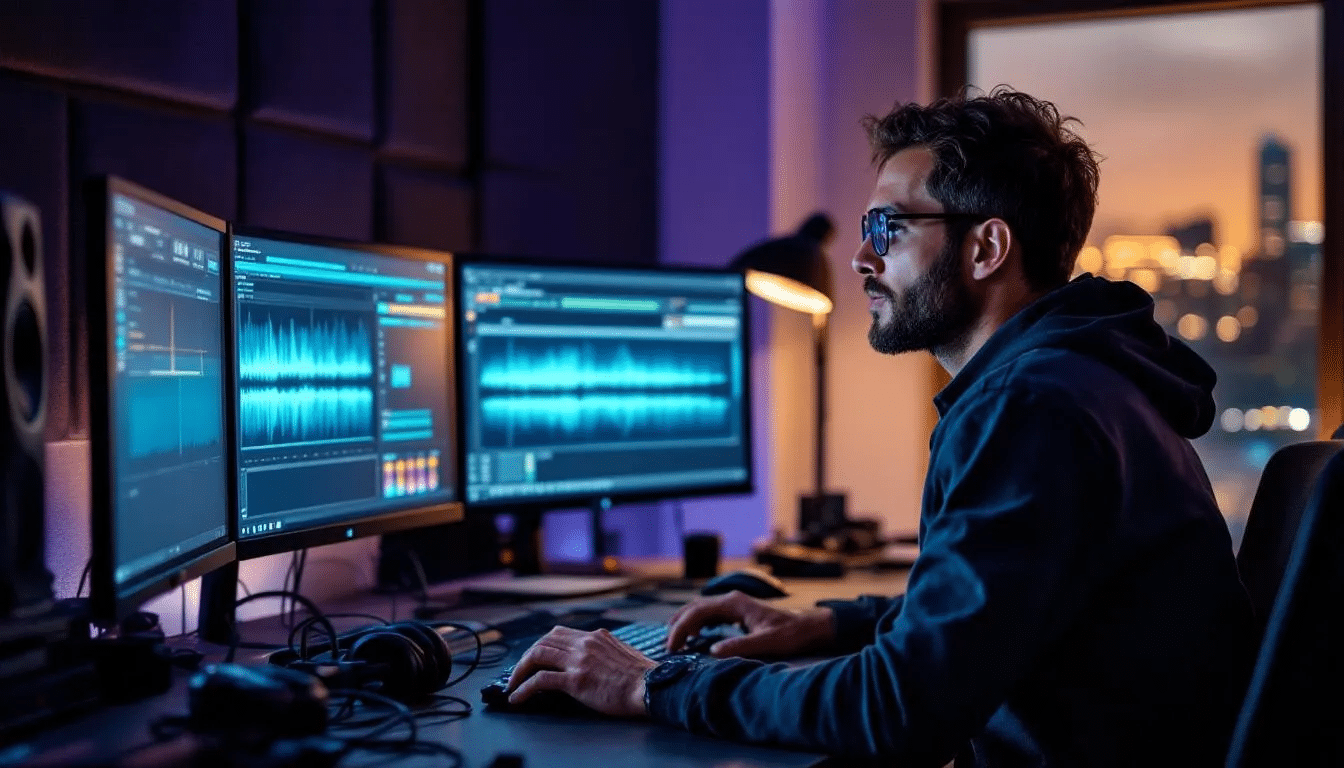 A professional music producer is focused on working with music production stems in a digital audio workstation, manipulating multiple audio tracks to create a polished final mix. The scene captures the creative process of arranging individual audio files, including vocal and drum stems, to achieve greater control over the entire track.