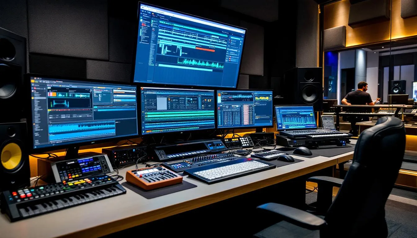 The image depicts a professional recording studio with multiple monitors displaying organized stem files, showcasing various audio tracks such as vocal, drum, and bass stems. This setup highlights the creative process of music production, allowing producers to have greater control over individual elements for the final mix.