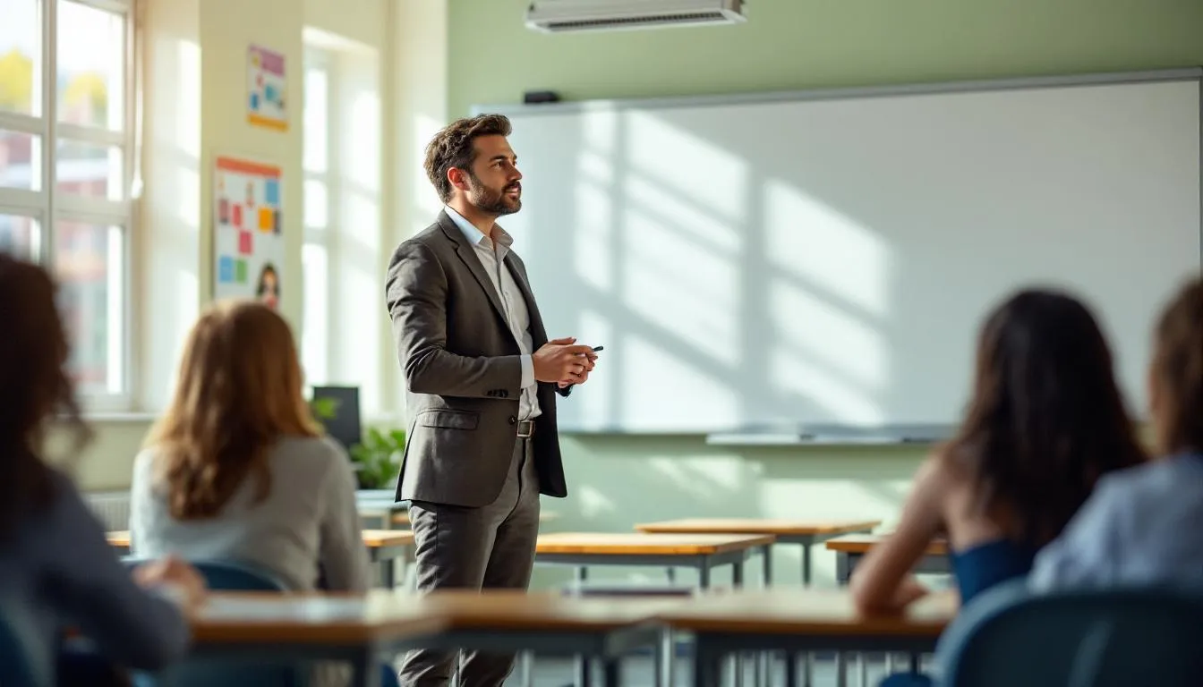 A teacher stands in front of a classroom, engaging students with educational content displayed on a screen, illustrating the process of creating videos using AI tools. The scene captures the interactive atmosphere, highlighting the importance of technical skills in content creation.