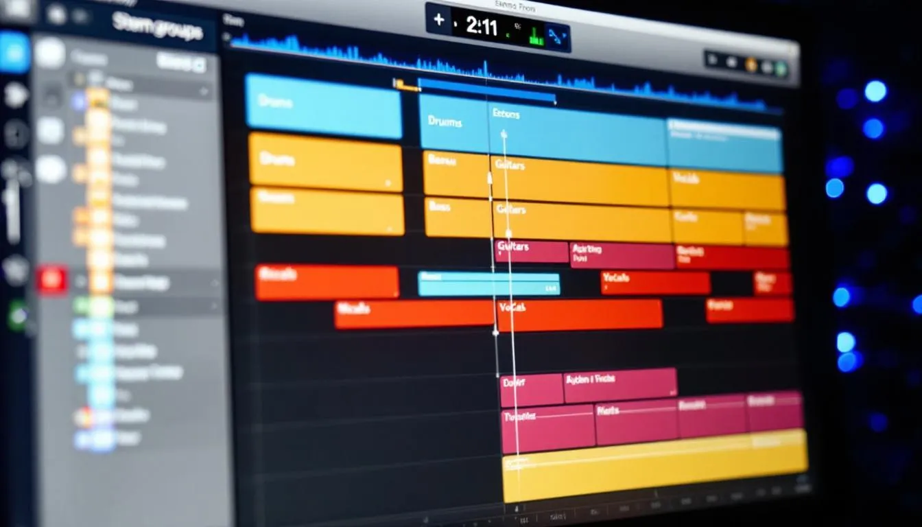 The image shows a digital audio workstation interface displaying organized music production stems, including individual audio tracks such as drum, vocal, and bass stems, all prepared for export. This setup allows music producers to retain creative control and facilitate the final mix for their projects.