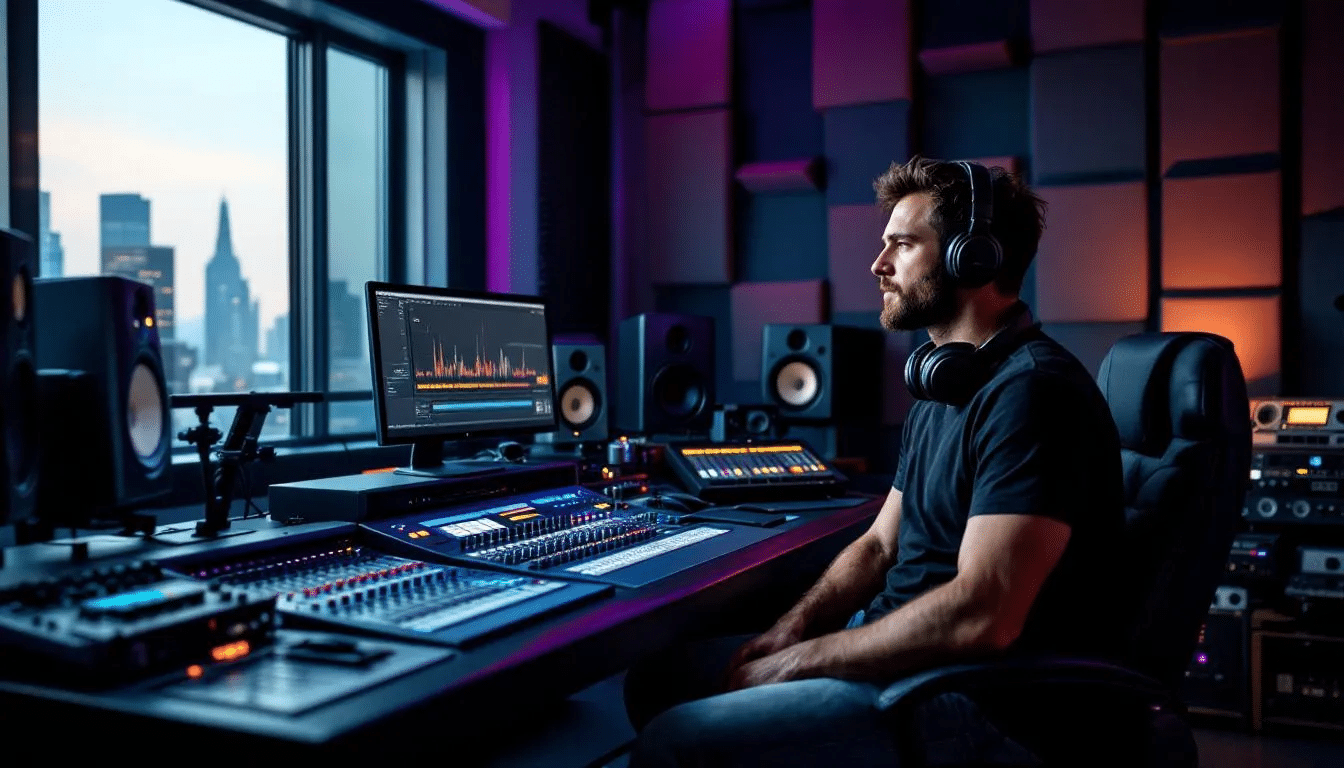 A music producer is focused on working with separated audio stems using professional studio equipment, including a computer and mixing console. The setup allows for the manipulation of various instruments and vocals, showcasing the creative possibilities in music production.