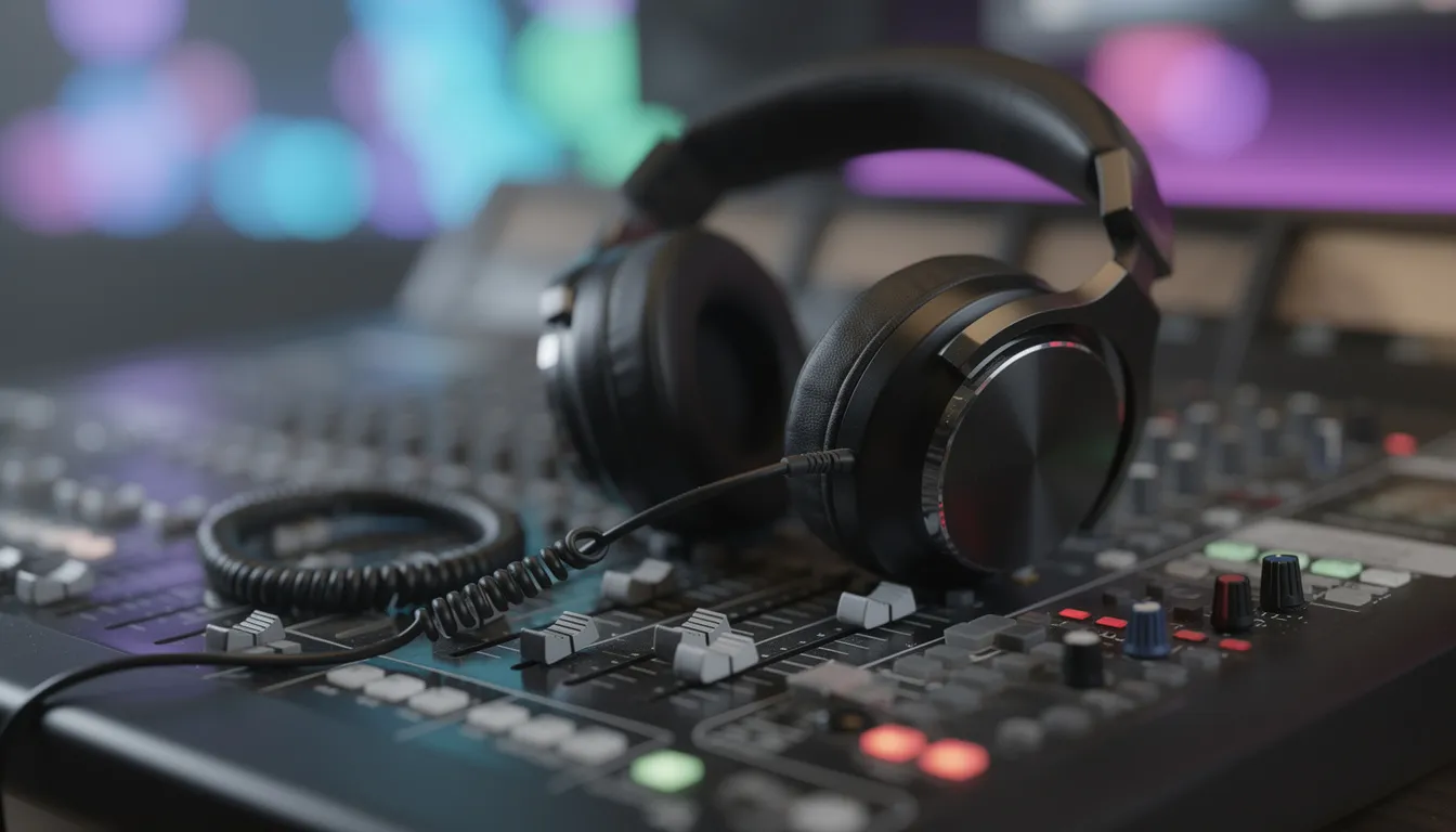 The image features professional headphones resting on a mixing console, illuminated by colorful LED lights in the background, creating a vibrant atmosphere for music production. This setting is ideal for audio engineers and music producers working with audio files and extracting individual stems for their projects.